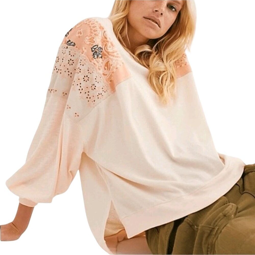 Free People We The Free Feelin' It Embroidered Eyelet Balloon Sleeve Top Size S